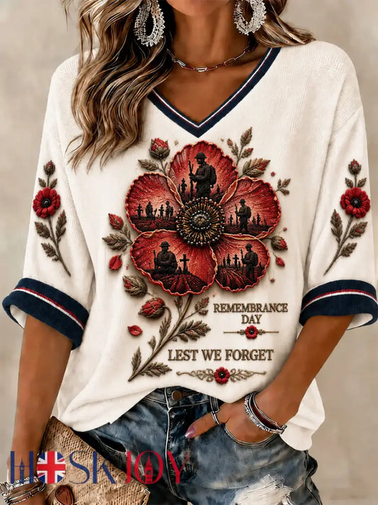 Women’s Lest We Forget Printed Mid-length Sleeves V-neck T-shirt - Beige / S