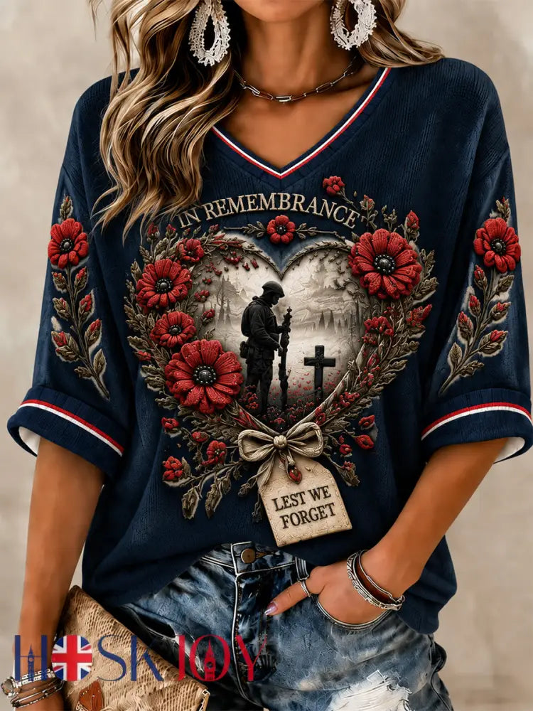 Women’s Lest We Forget Printed Mid-length Sleeves V-neck T-shirt - Navy Blue / S
