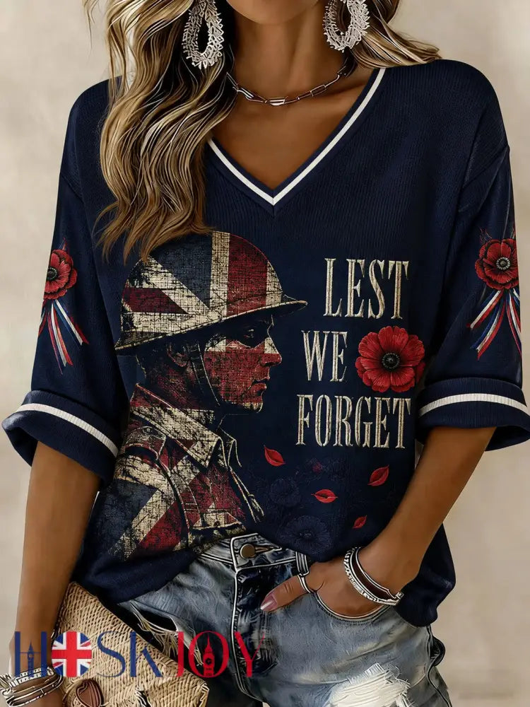 Women’s Lest We Forget Printed Mid-length Sleeves V-neck T-shirt - Navy Blue / S