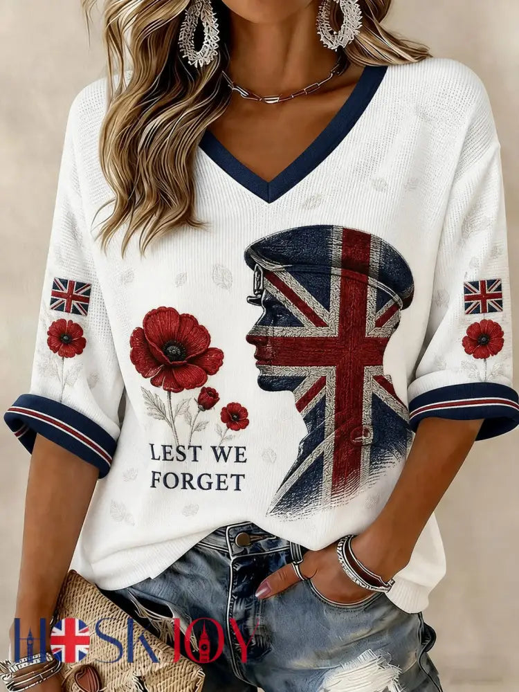 Women’s Lest We Forget Printed Mid-length Sleeves V-neck T-shirt - White / S