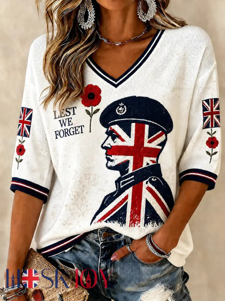 Women’s Lest We Forget Printed Mid-length Sleeves V-neck T-shirt - White / S