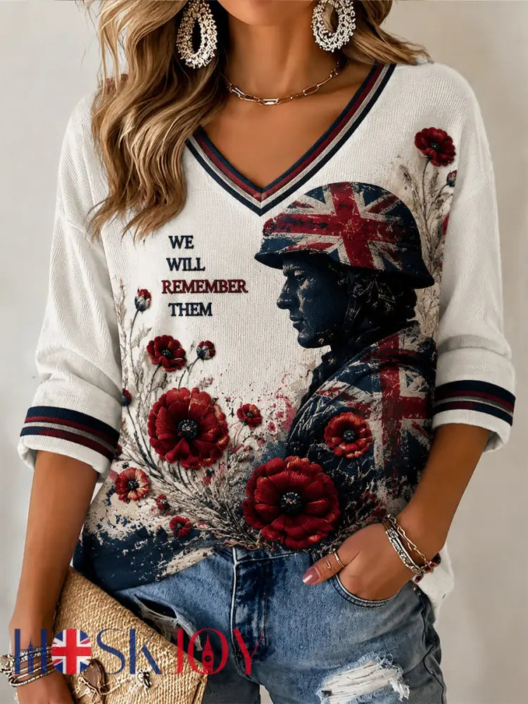 Women’s Lest We Forget Printed Mid-length Sleeves V-neck T-shirt - White / S