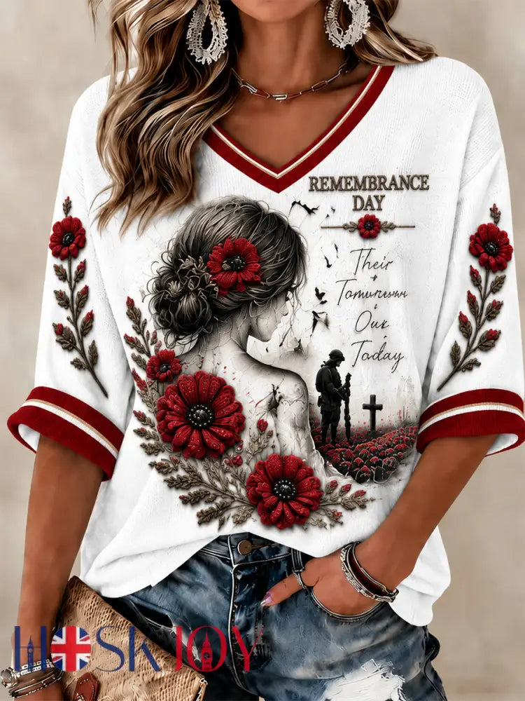 Women’s Lest We Forget Printed Mid-length Sleeves V-neck T-shirt - White / S