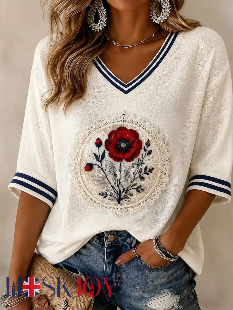 Women’s Lest We Forget Printed Mid-length Sleeves V-neck T-shirt - White / S