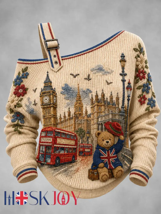 Women’s London Bear Printed One Shoulder Waffle Casual Sweatshirt - Apricot / S