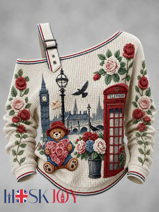 Women’s London Bear Printed One Shoulder Waffle Casual Sweatshirt - Apricot / S
