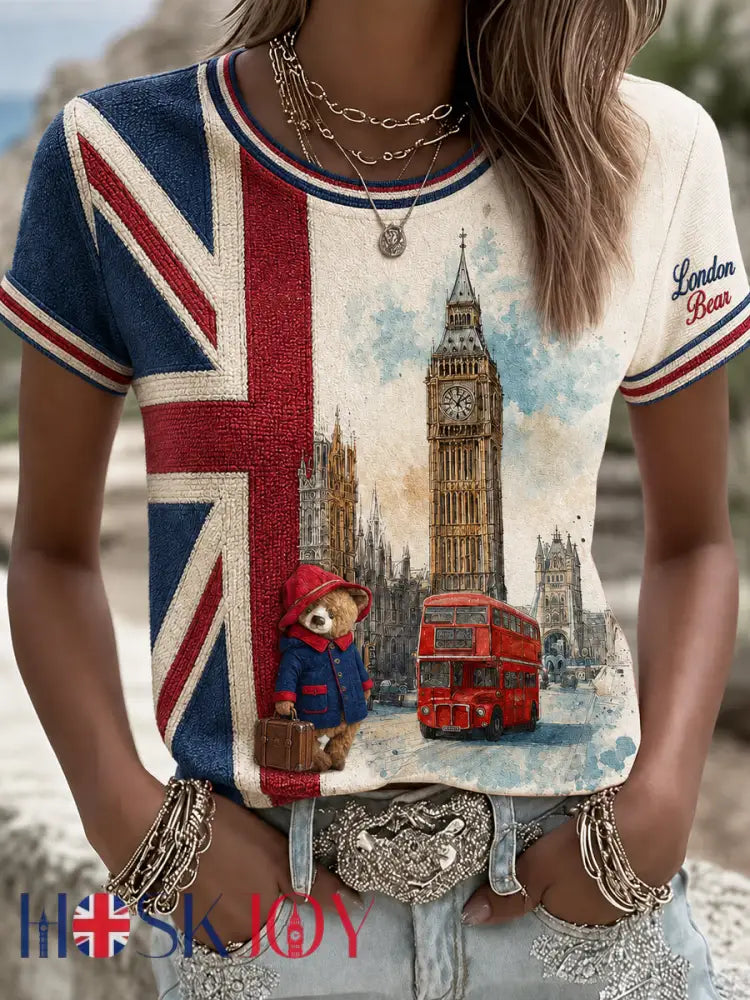 Women’s London Bear Printed Vintage Fashion Loose Short Sleeve T-Shirt - Apricot / S