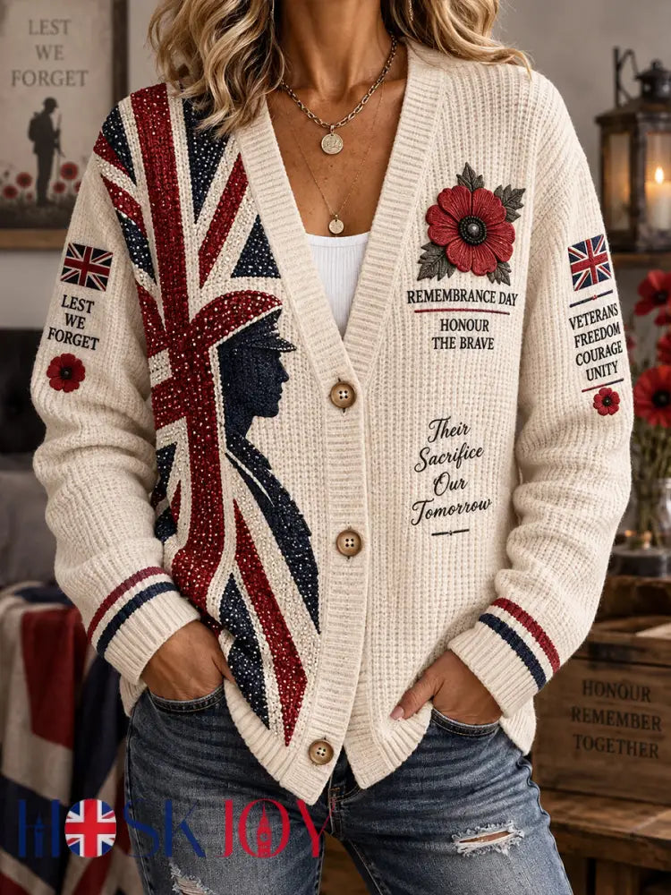 Women’s Long-Sleeve Knitted Cardigan With Remembrance Day Themed Print - A / S