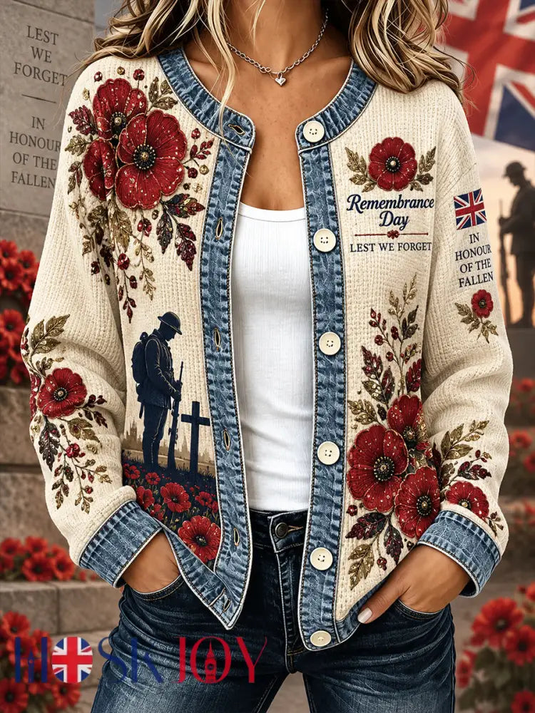 Women’s Long-Sleeve Waffle-Knit Jacket With Remembrance Day Themed Print - A / S