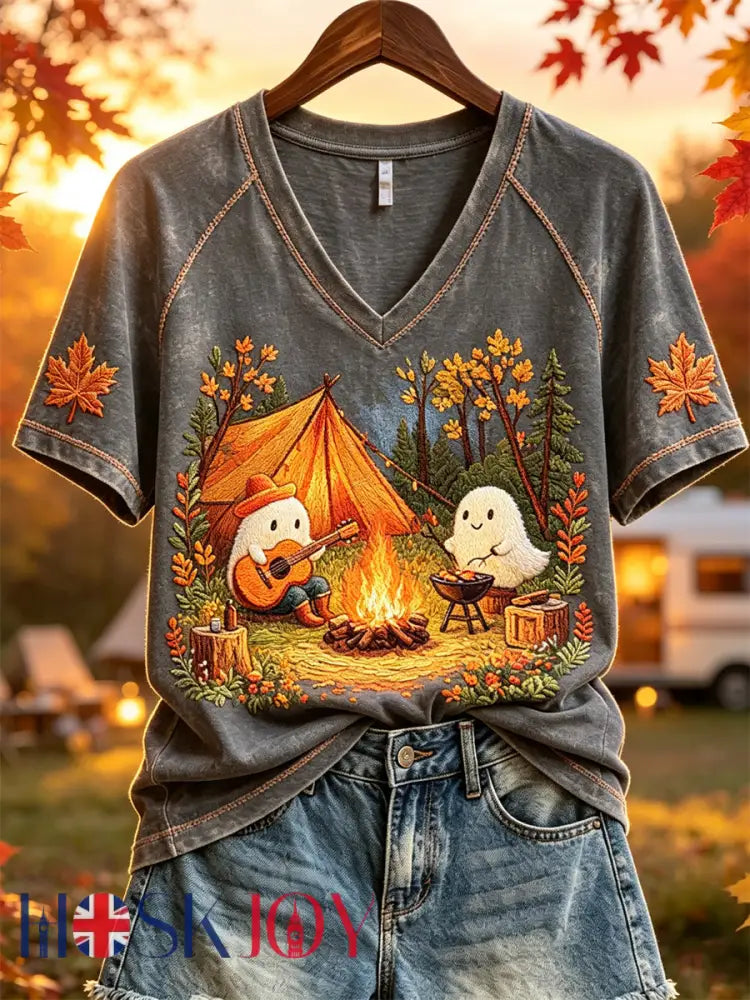 Women’s Lovely Camping Ghosts Fall Forest Print short-sleeved T-shirt - Dark Gray / S