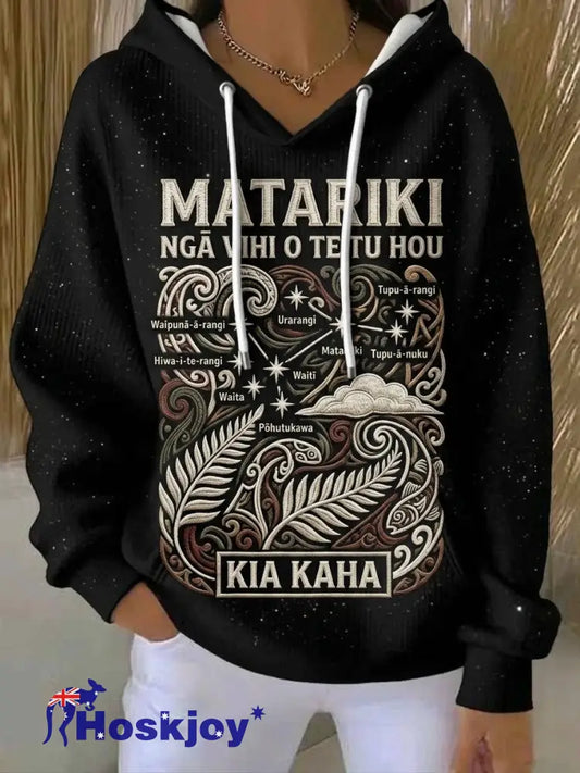 Women’s Maori Art Matariki Printed Hoodie - Black / S