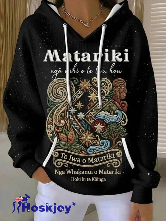 Women’s Maori Art Matariki Printed Hoodie - Black / S