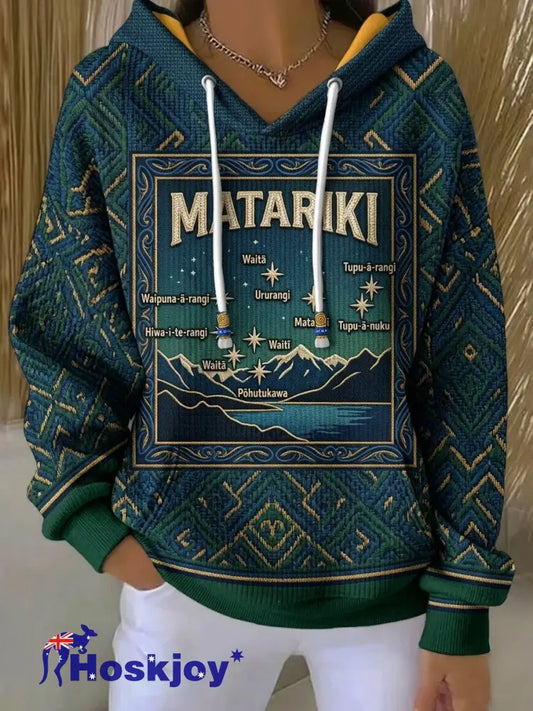 Women’s Maori Art Matariki Printed Hoodie - Green / S
