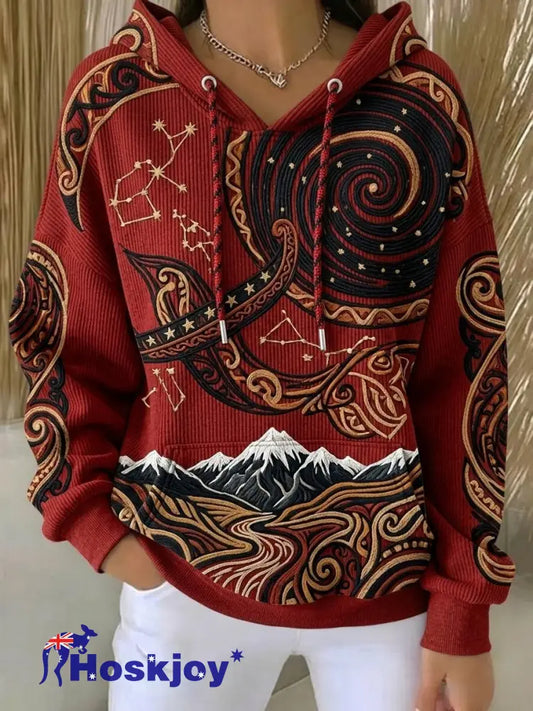 Women’s Maori Art Matariki Printed Hoodie - Red / S