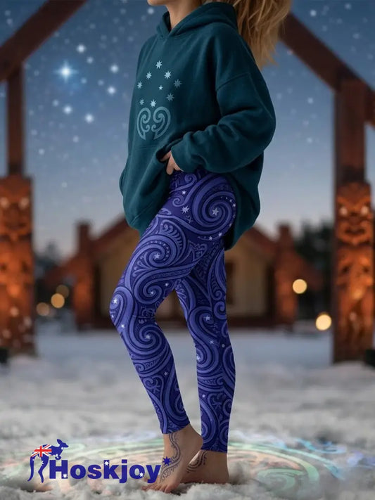 Women’s Maori Art Matariki Printed Sports Stretch Leggings - Purple / S