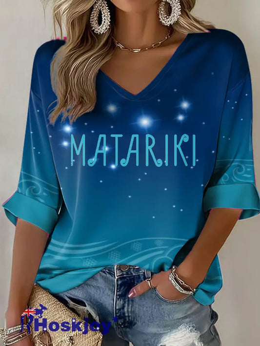 Women’s Maori Art Matariki Printed T-shirt - Blue / S