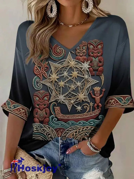 Women’s Maori Art Matariki Printed T-shirt - Gray / S