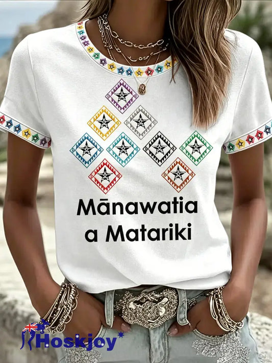 Women’s Maori Art Matariki Printed T-shirt - White / S