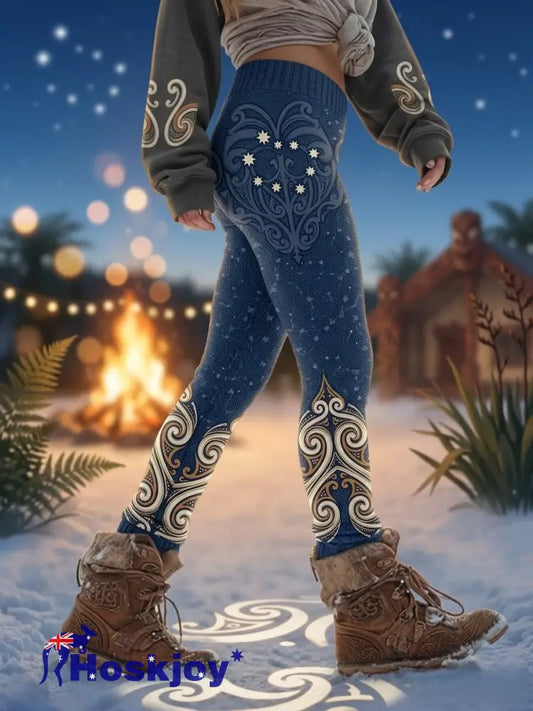 Women’s Maori Art Matariki Printed Thermal Stretch Leggings - Blue / S