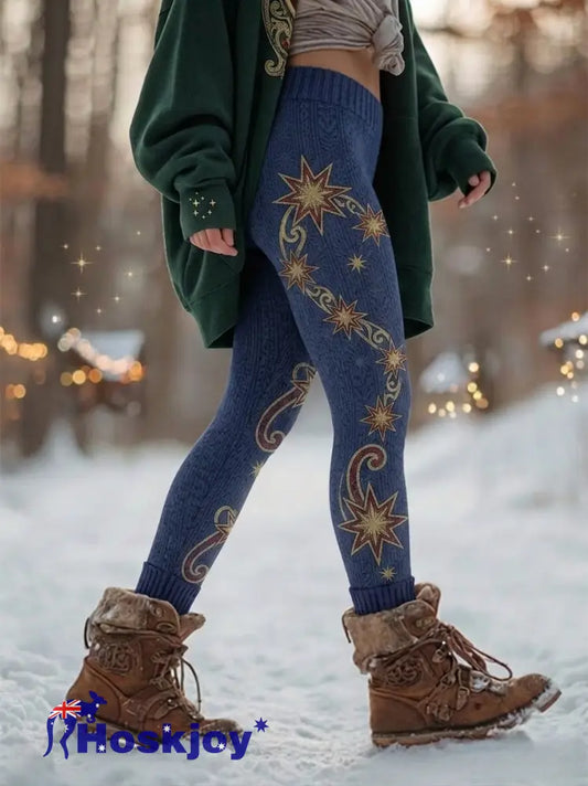 Women’s Maori Art Matariki Printed Thermal Stretch Leggings - Blue / S