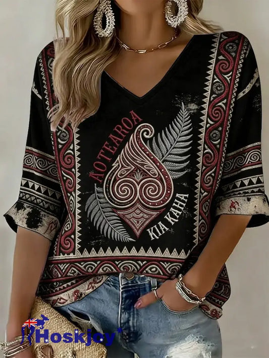 Women’s Maori Art NZ Printed Top - Black / S