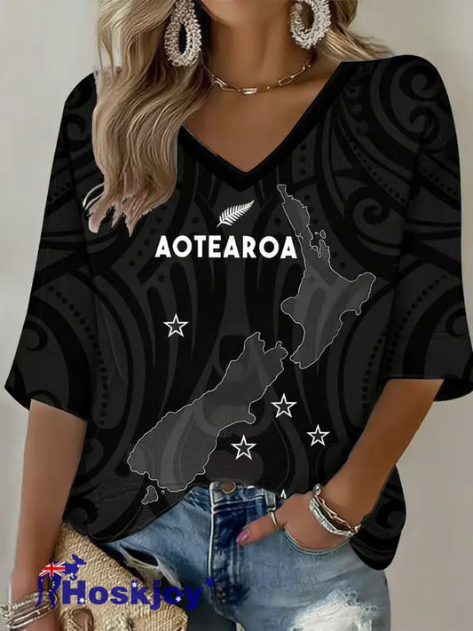 Women’s Maori Art NZ Printed Waffle T-shirt Black / S