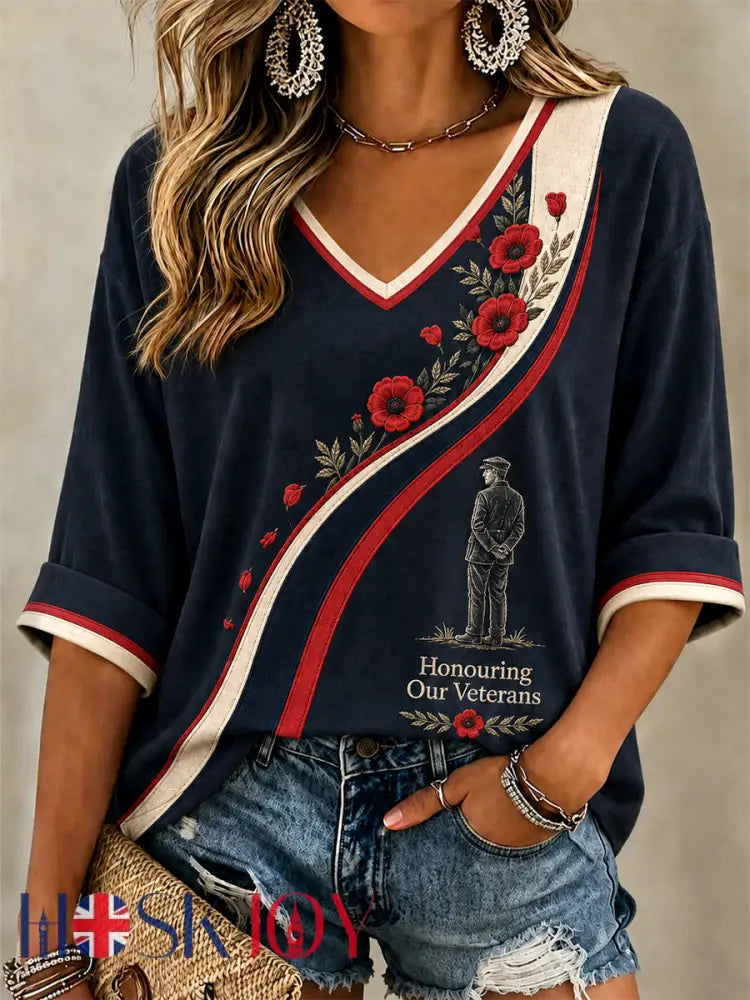 Women’s British Veterans Memorial Print Casual V-Neck Tee - Deep Blue / S