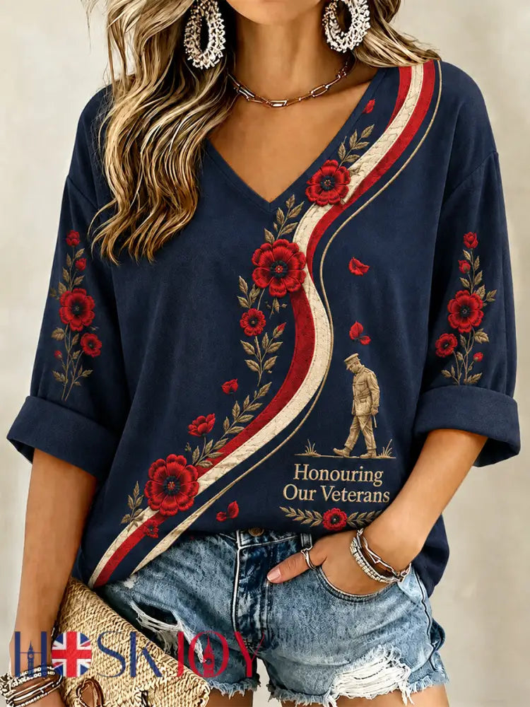 Women’s British Veterans Memorial Print Casual V-Neck Tee - Navy Blue / S