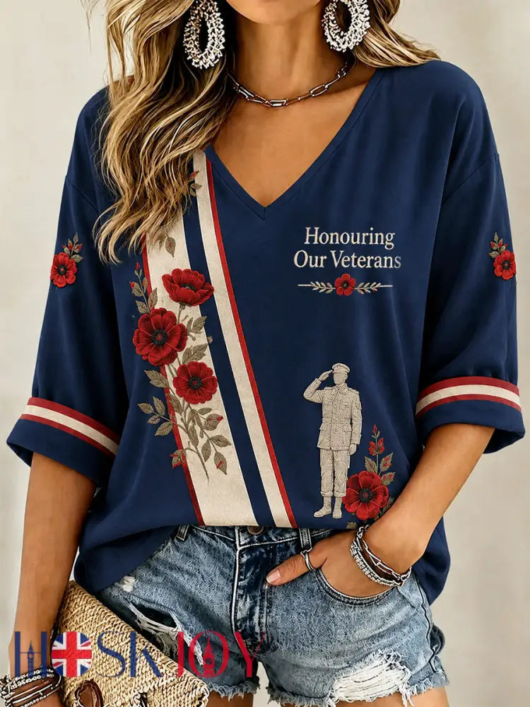 Women’s British Veterans Memorial Print Casual V-Neck Tee - Navy Blue / S