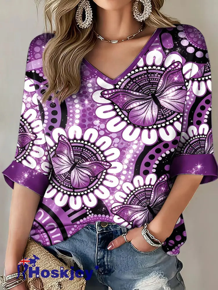 Women’s Naidoc Week Aboriginal Spirit Art Printed T-shirt - Purple / S