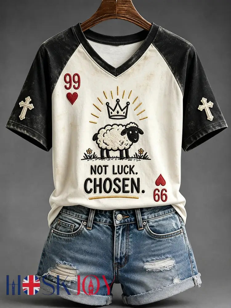 Women’s Not Luck Chosen Faith Sheep Print V-neck Short-sleeved T-shirt - Black / S