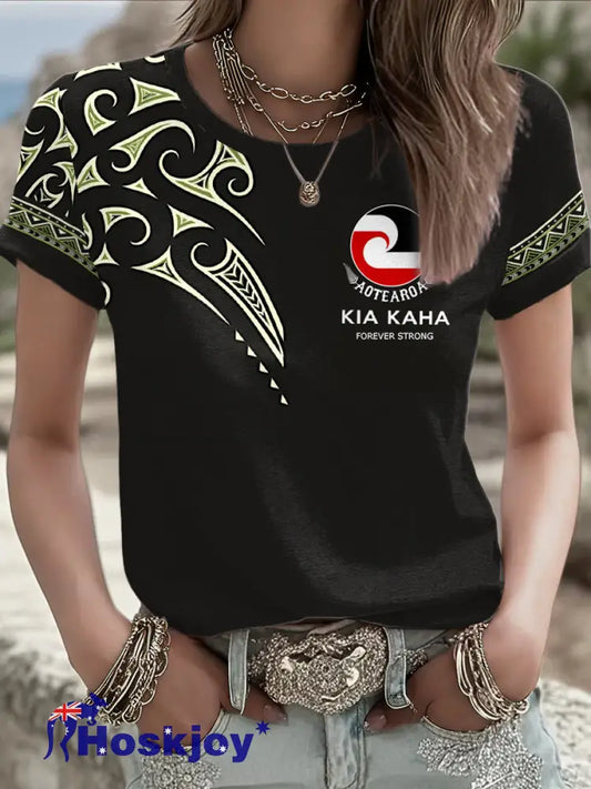 Women’s NZ Maori Art Kia Kaha Printed T-shirt Black / S