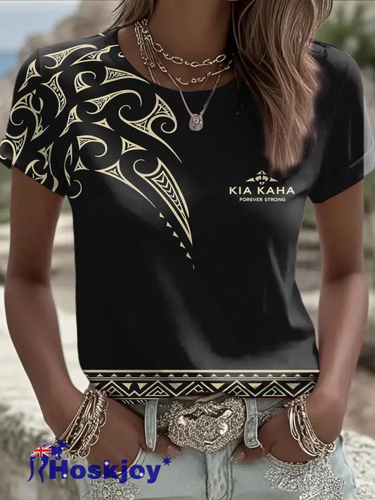 Women’s NZ Maori Art Kia Kaha Printed T-shirt - Black / S