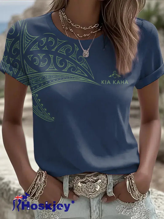 Women’s NZ Maori Art Kia Kaha Printed T-shirt - Blue / S