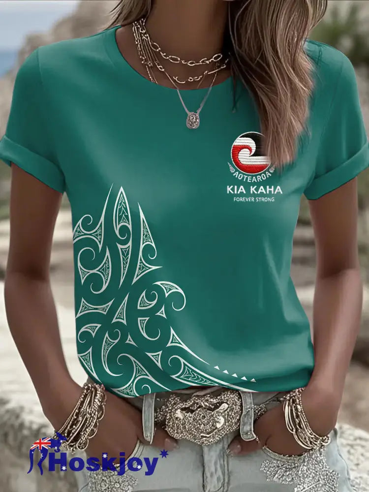 Women’s NZ Maori Art Kia Kaha Printed T-shirt - Green / S