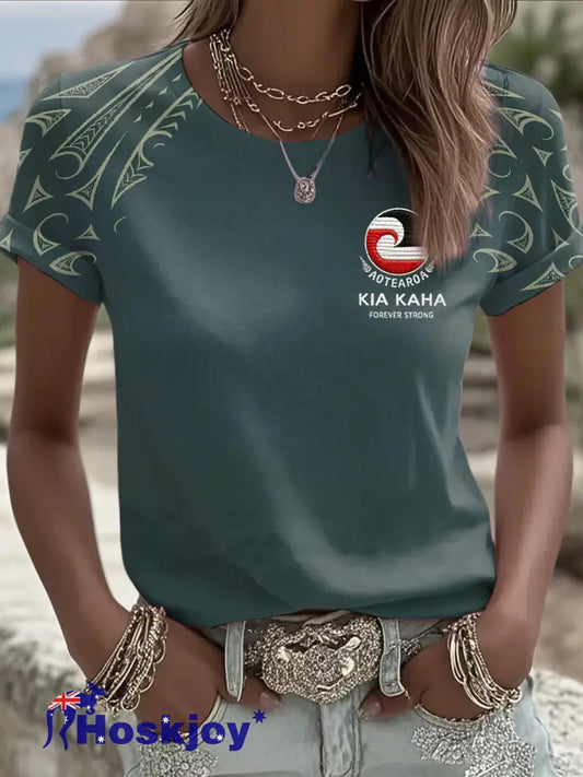 Women’s NZ Maori Art Kia Kaha Printed T-shirt - Green / S