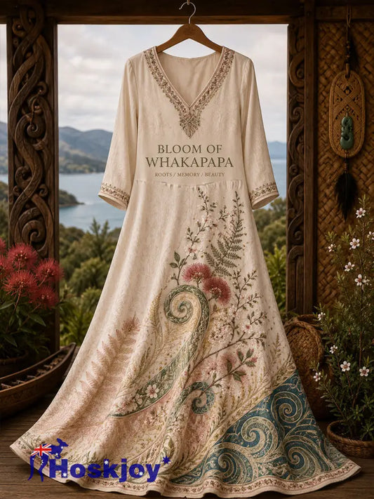 Women’s NZ Maori Art Printed Linen Dresses - Apricot / S