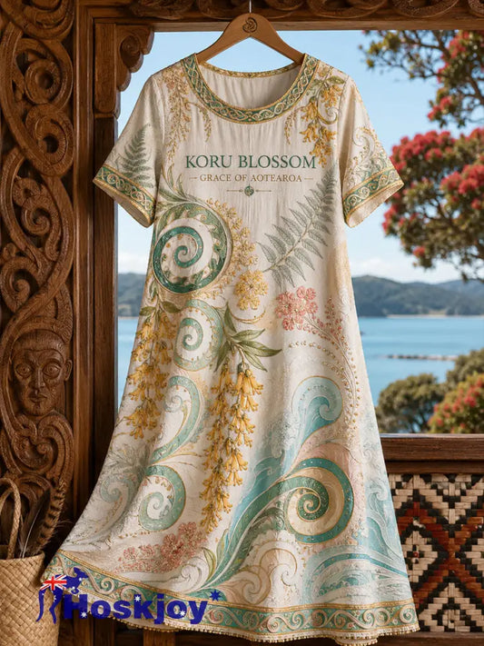 Women’s NZ Maori Art Printed Linen Dresses - Creamy-White / S