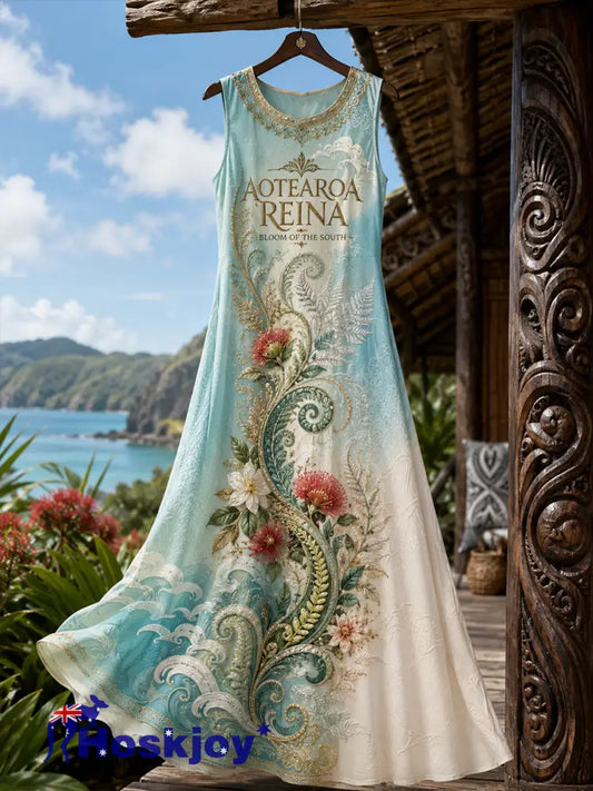 Women’s NZ Maori Art Printed Linen Dresses - Sky Blue / S