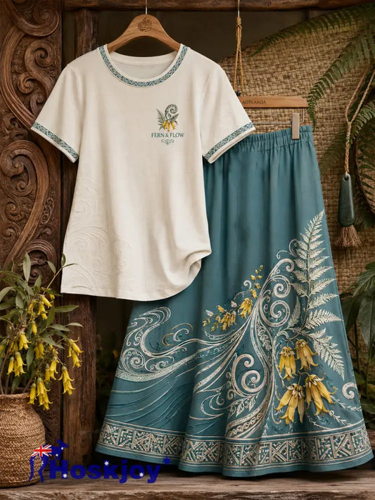 Women’s NZ Maori Art Printed Linen Sets - Blue-Green / S