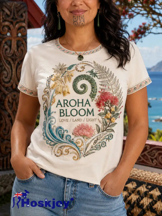 Women’s NZ Maori Art Printed Linen T-shirt - Creamy-White / S