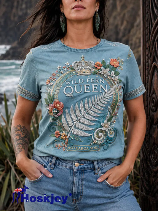 Women’s NZ Maori Art Printed Linen T-shirt - Light Blue / S