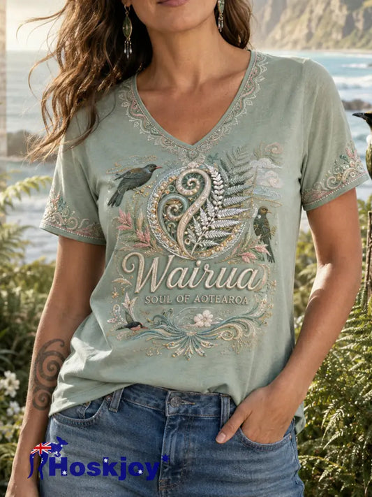 Women’s NZ Maori Art Printed Linen T-shirt - Mint Green / S