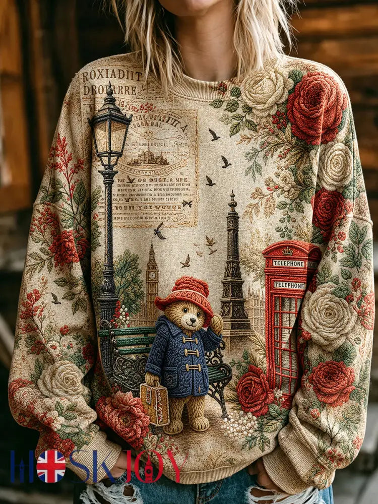 Women’s Paddington Bear Printed Round-Neck Long-Sleeved Sweatshirt - Apricot / S