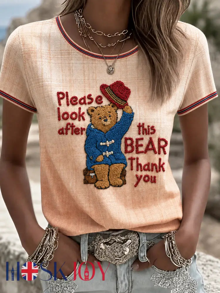 Women’s Paddington Bear Printed Vintage Fashion Loose Short Sleeve T-Shirt - Apricot / S