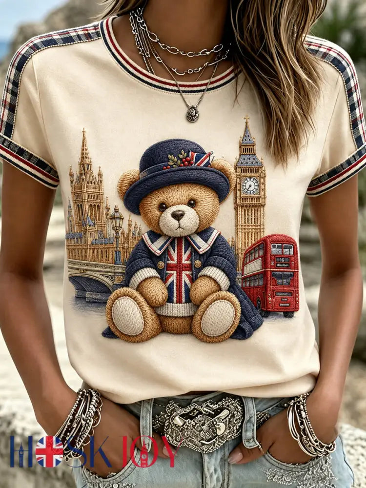 Women’s Paddington Bear Printed Vintage Fashion Loose Short Sleeve T-Shirt - Beige / S
