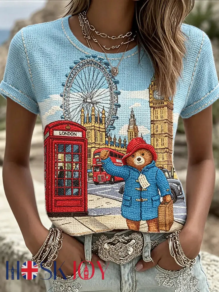 Women’s Paddington Bear Printed Vintage Fashion Loose Short Sleeve T-Shirt - Blue / S