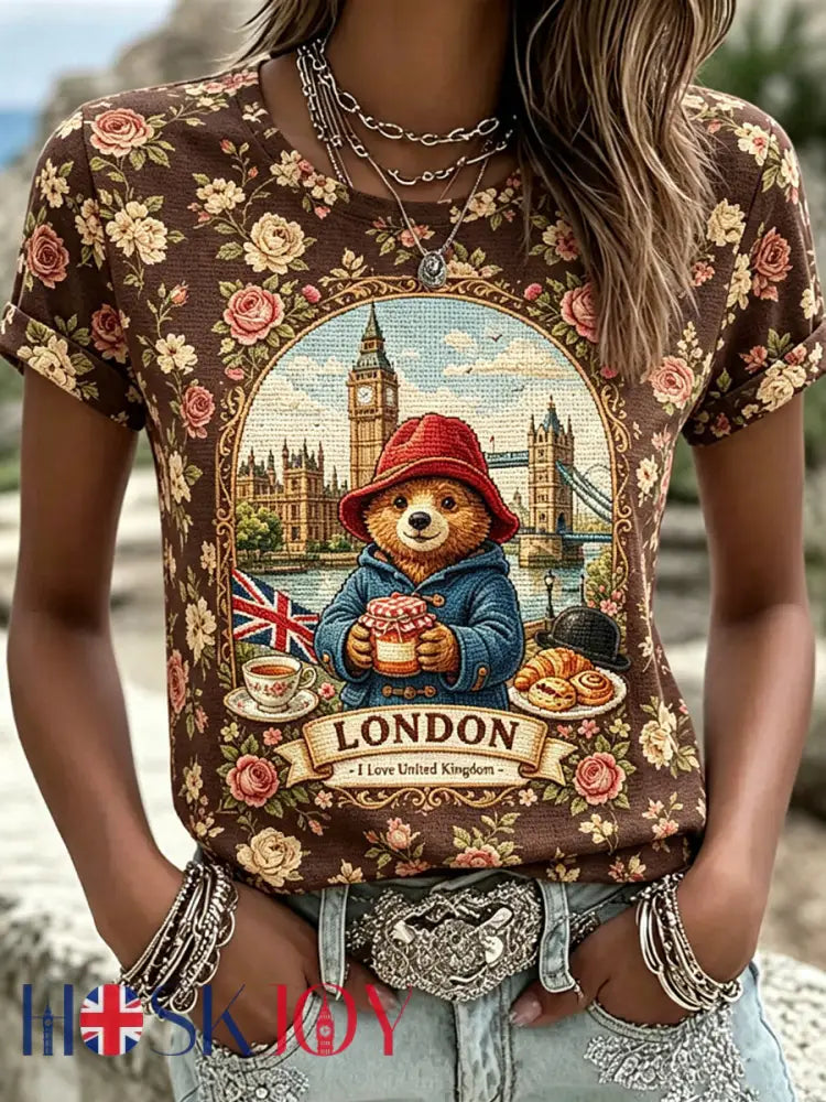 Women’s Paddington Bear Printed Vintage Fashion Loose Short Sleeve T-Shirt - Brown / S