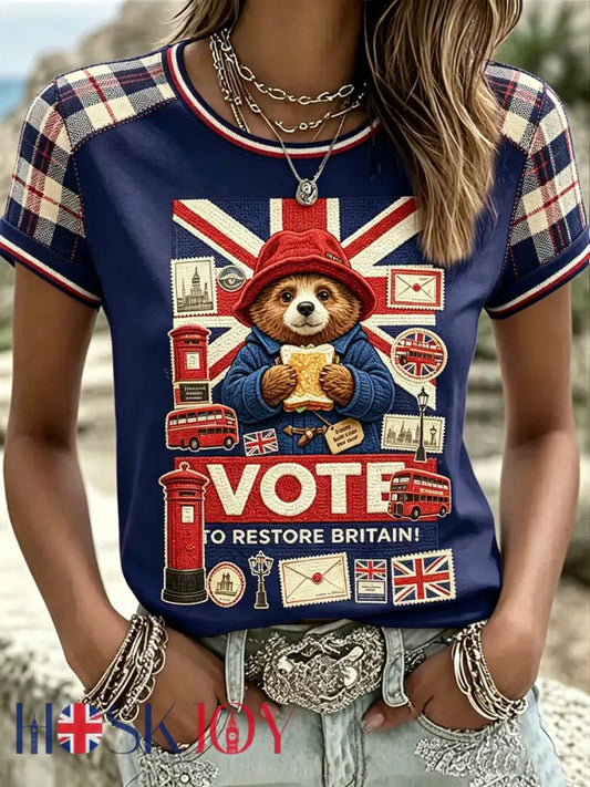 Women’s Paddington Bear Printed Vintage Fashion Loose Short Sleeve T-Shirt - Deep Blue / S