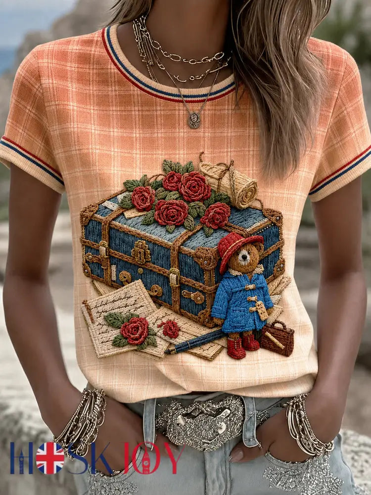Women’s Paddington Bear Printed Vintage Fashion Loose Short Sleeve T-Shirt - Orange / S